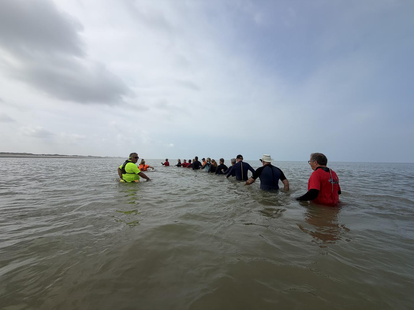 Groupe en file indienne dans l'eau – longe-côte Merlimont 18 juillet